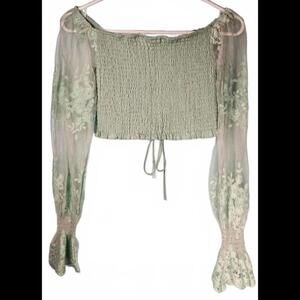 Chic Mint Green Smocked Crop Top with‎ Sheer Sleeves Size Medium